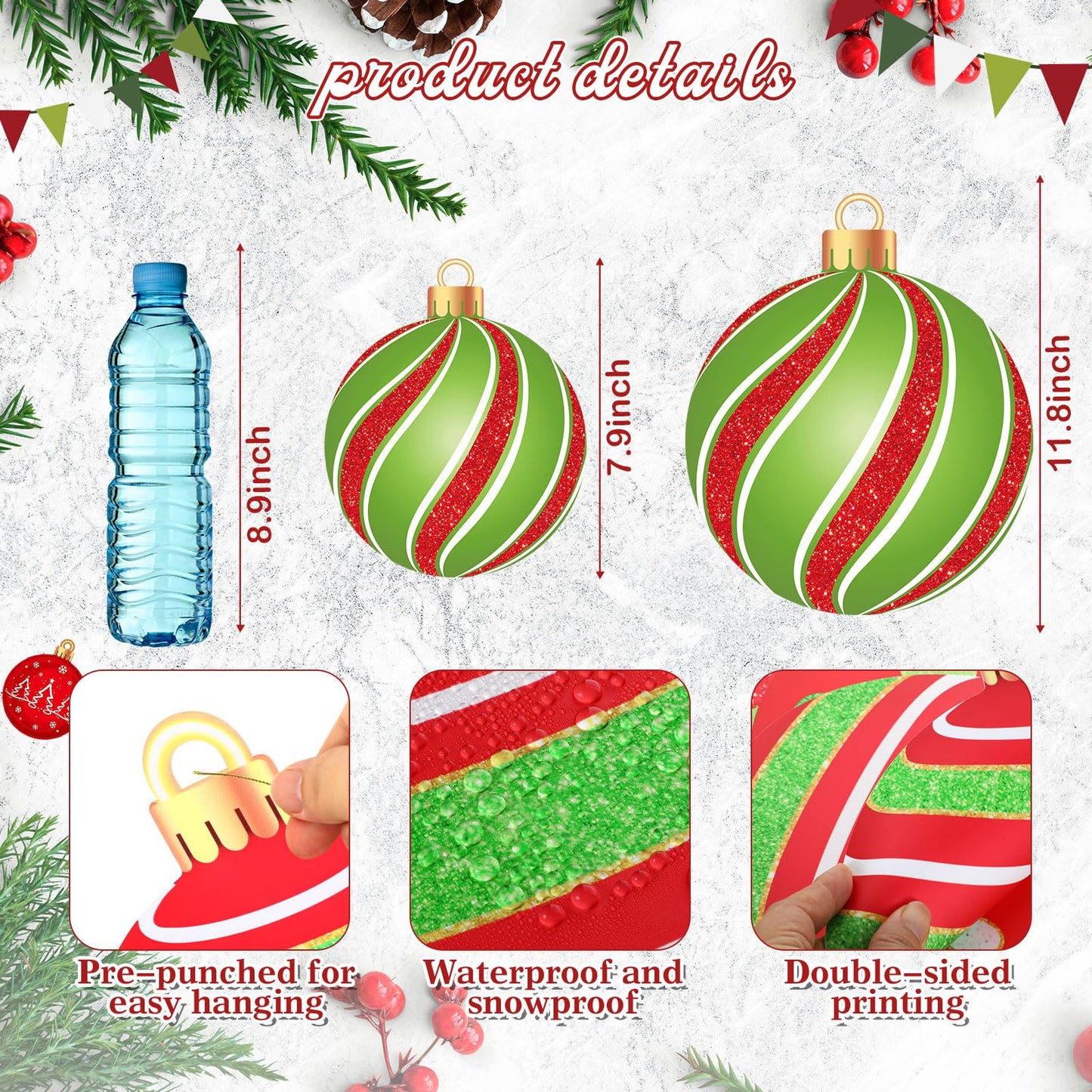 Wonderjune 15 Pieces Large Christmas Ball Yard Decors Include 5 Pcs 11.8 Inch Outdoor Christmas Hanging Ornament 10 Pcs 7.9 Inch Plastic Xmas Ball Ornaments for Lawn Tree Home Decors (Polka Dot)