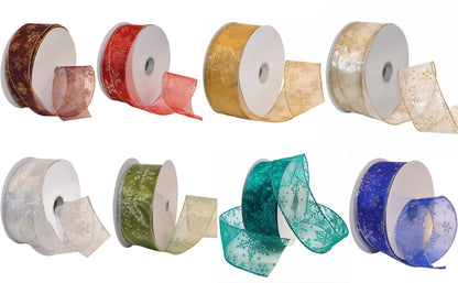 Morex Ribbon 7405.60/50-701 Snowflake 2.5" X 50 YD Nylon Sheer Wired Glitter Ribbon, White/Silver, Ribbon Art Supplies for Christmas Decorations, Indoor Christmas Ribbon for Gift Wrapping Art Set