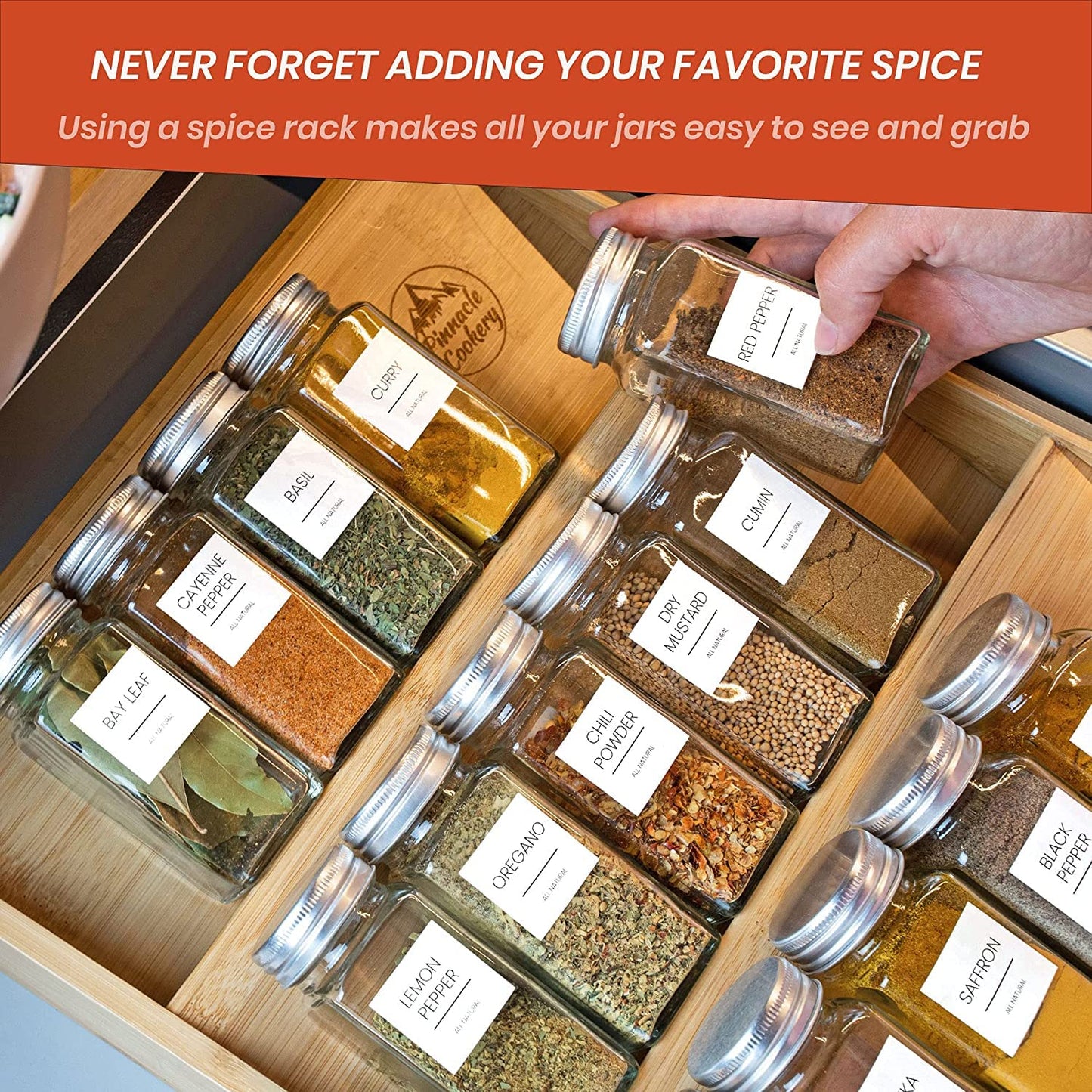 Pinnacle Cookery Bamboo Spice Rack Organizer for Countertop - Eco Friendly Seasoning Organizer 3-Tier Spice Shelf - Space Saving Wooden Spice Rack