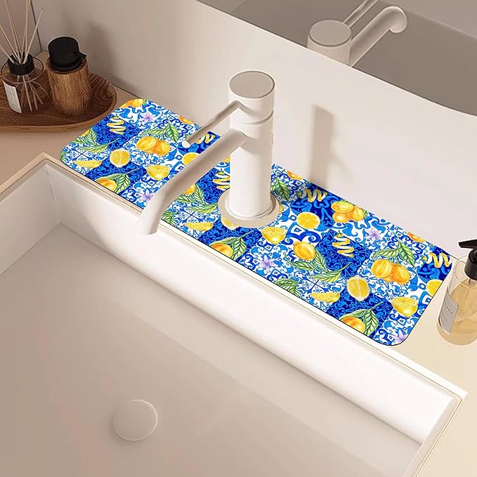 Blue Tiles and Yellow Lemon Sink Faucet Absorbing Mat Sink Splash Guard Faucet