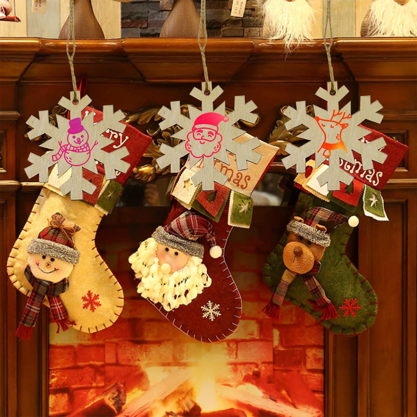50Pcs DIY Wooden Christmas Ornaments Wooden Snowflakes for Crafts Unfinished Snowflakes Wood Ornaments with Hole, Predrilled Wood Snowflake Cutouts for Crafts Paints Christmas Tree Hanging Decor