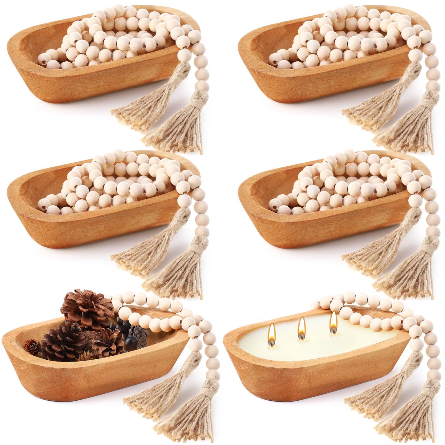 LemonRoad 12 Pcs Wooden Dough Bowl Making Wood Table Centerpiece Decorations Beads String with Tassel Decorative Bowl Natural Rustic Filler Tray Farmhouse Dining Kitchen(Caramel,Short)
