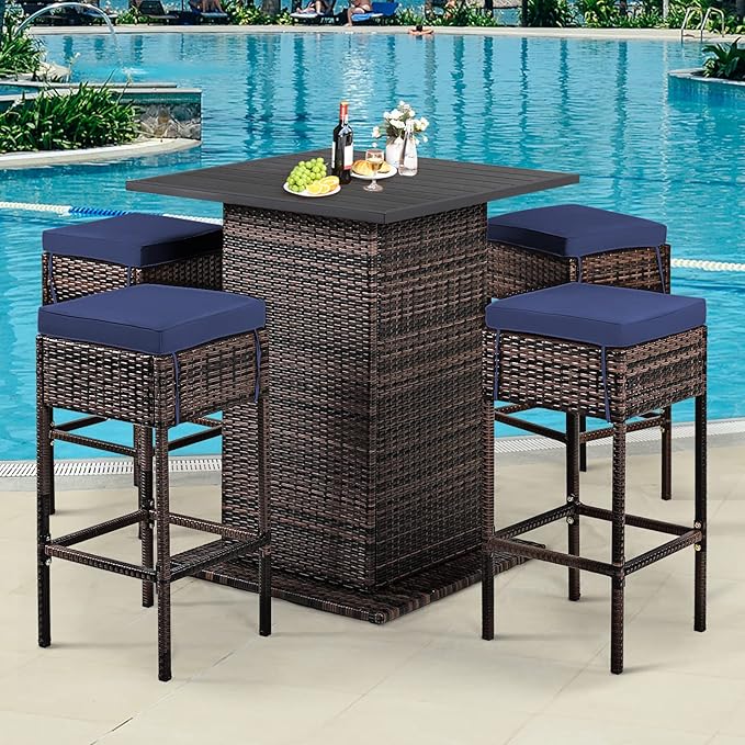 Tangkula 5 Piece Outdoor Rattan Bar Set, Patio Bar Furniture