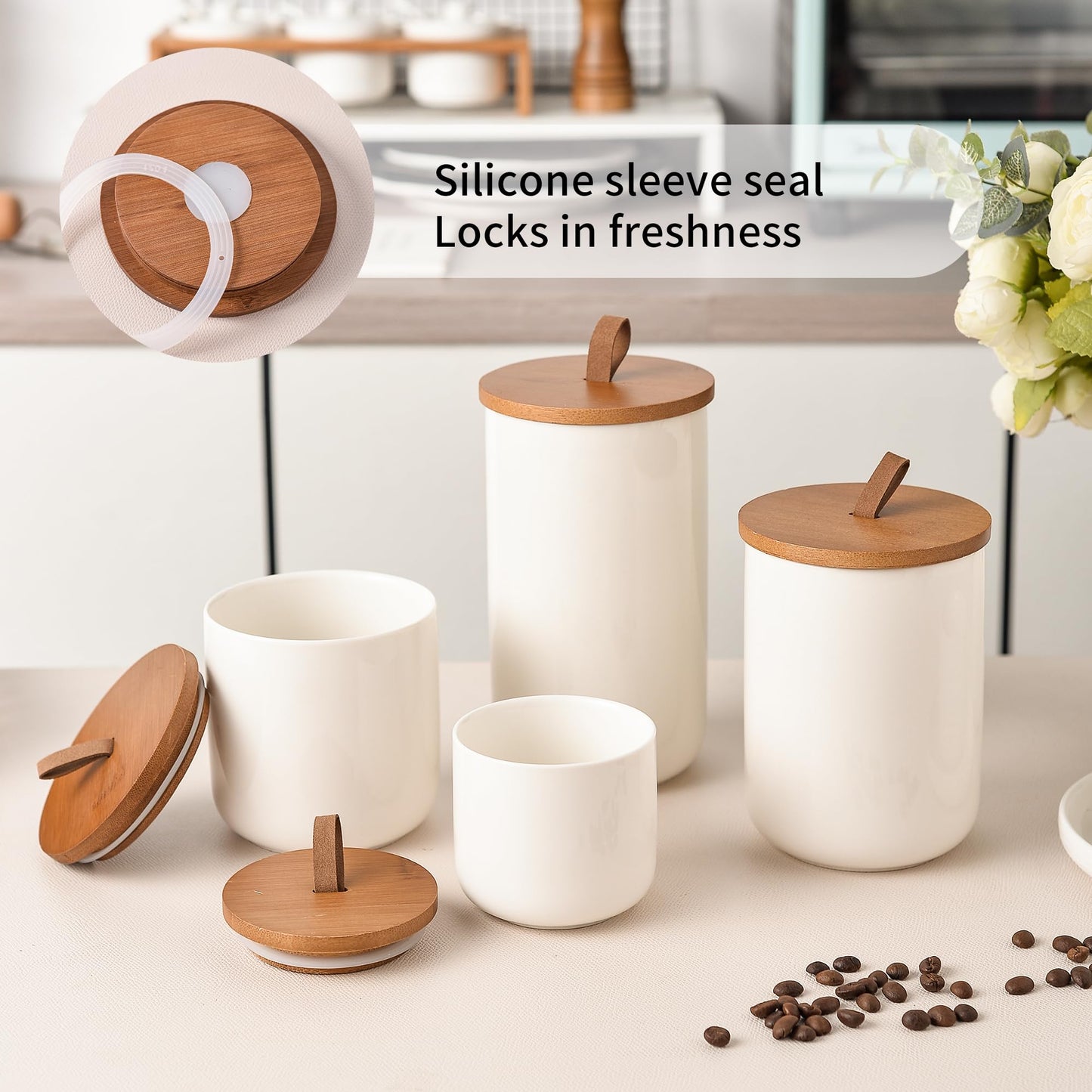 CoorFormer White Ceramic Canister Set with Bamboo Lids, 4-Piece Airtight Food Storage Jars for Kitchen – Flour, Sugar, Coffee, Tea, Spice – Smaller, Small, Medium, Large Sizes