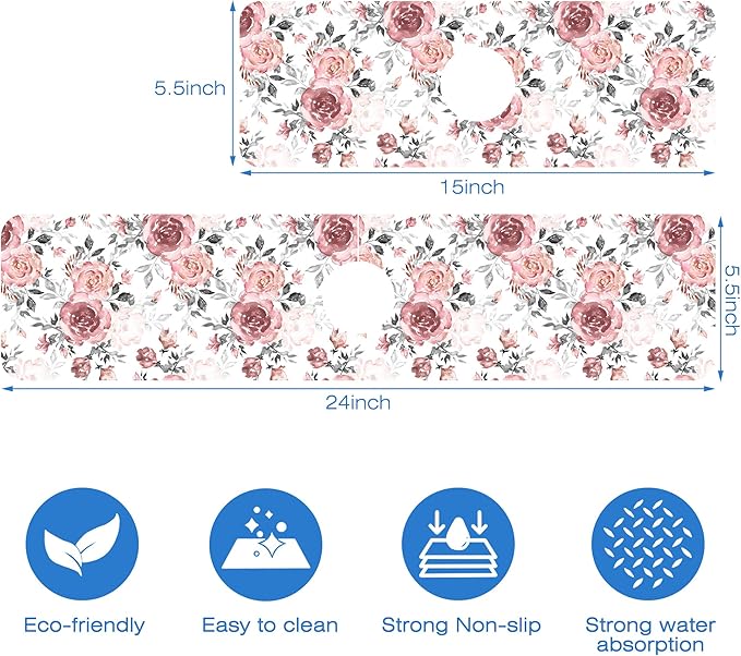 Pink Rose Floral Kitchen Sink Splash Guard Mat Absorbent Fast Drying Mat Faucet