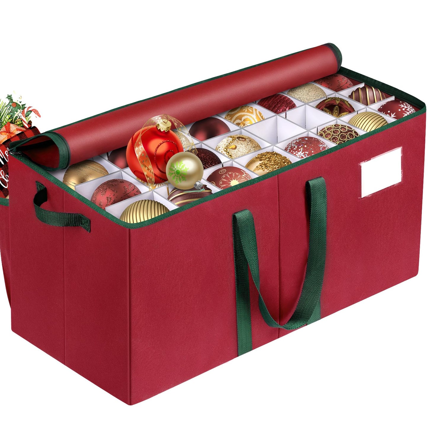 RoomHacks Christmas Ornament Storage Box, Store Up to 128 Ornaments, Durable Christmas Storage Container, Dual Zipper & Adjustable, Large Organizer Bin to Protect and Store Holiday Ornaments(Red)