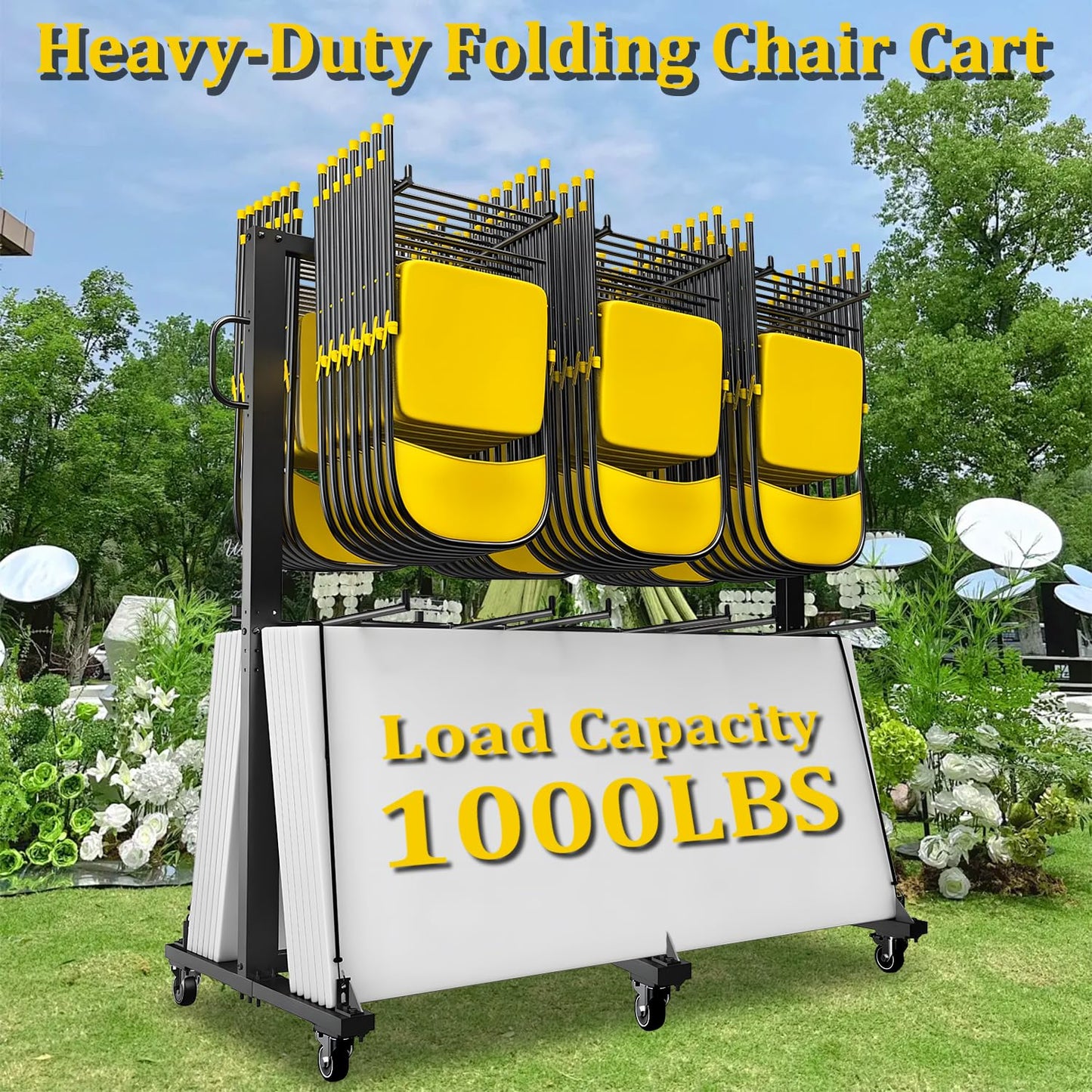 Folding Chair Cart, Two Tier Folding Chair Rack with Locking Wheels, Chair Holders for Storage, Chair Storage Rack, Holder for 84 Chairs, with Watherprooft Cover & Elastic Straps