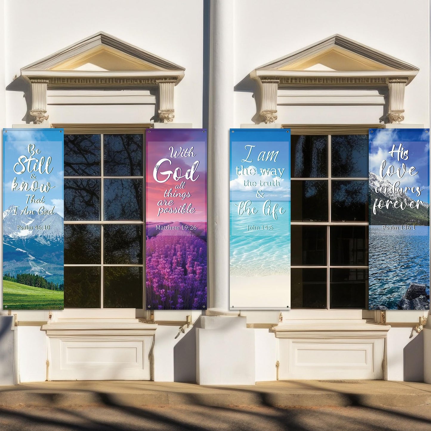 4Pcs Church Banners for Sanctuary Wall Welcome Inspirational Religious Banners Hanging Backdrop Scenic Pattern Church Banner with Scripture Bible Verses Exquisite Banner for Church School Decor