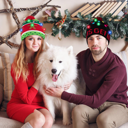 2 PCS Christmas Hat Light Up Christmas Knitted Beanie Hat, Cute Cartoon Design Xmas Knit Cap with 6 Colorful LED Lights, Family Winter Snow Hat Bulk for Xmas Holiday Party Favor, Funny Unisex Cap