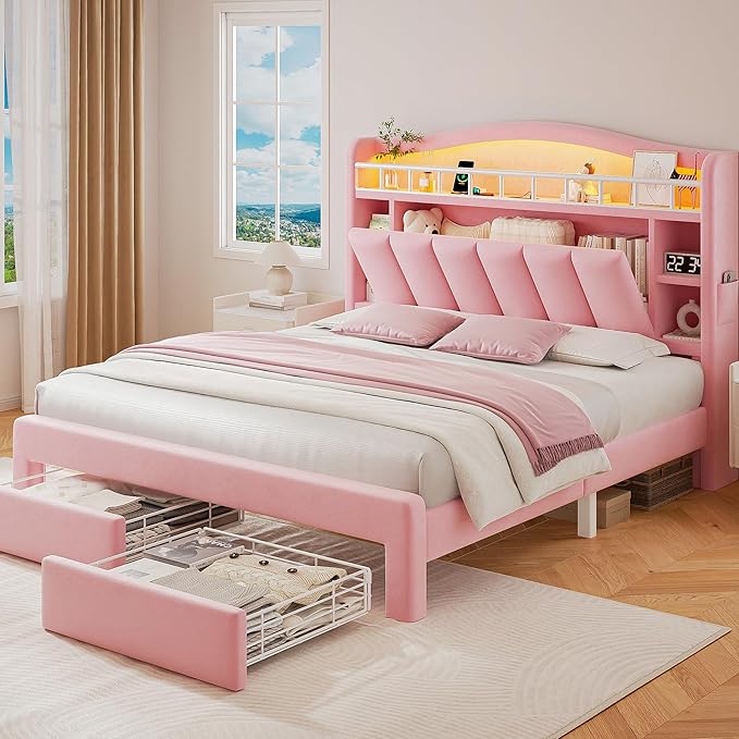 Full LED Bed Frame with Storage Headboard & 2 Storage Drawers, Princess Velvet