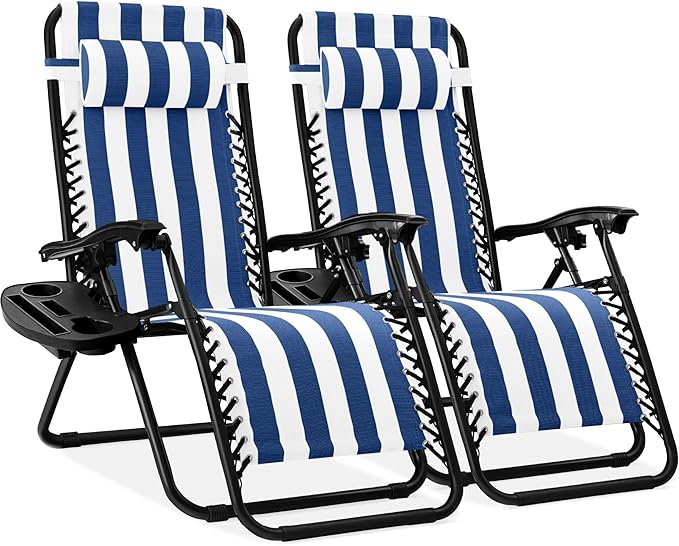 Best Choice Products Set of 2 Adjustable Steel Mesh Zero Gravity Lounge Chair Recliners w/Pillows and Cup Holder Trays - Mediterranean Blue Striped