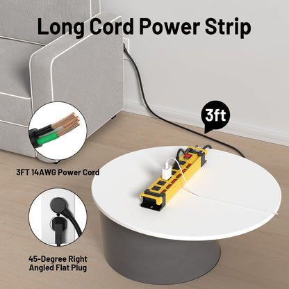 Power Strip Surge Protector 2700J with Individual Switches and Flat Plug, 3FT Heavy Duty Cord 6 Wide Spaced Outlet Mountable Metal Power Strips with Cord Manager and Hanger