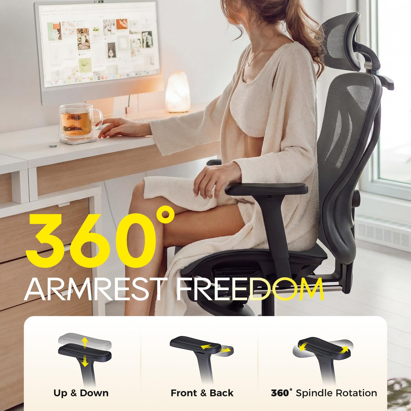CYKOV Ergonomic Office Chair with Footrest - Adjustable Lumbar Support & Headrest, 90-160° Reclining Mesh Back Computer Chair - Home Office/Gaming, 350lbs Capacity (SGS Certified) (B-Grey, Mesh)