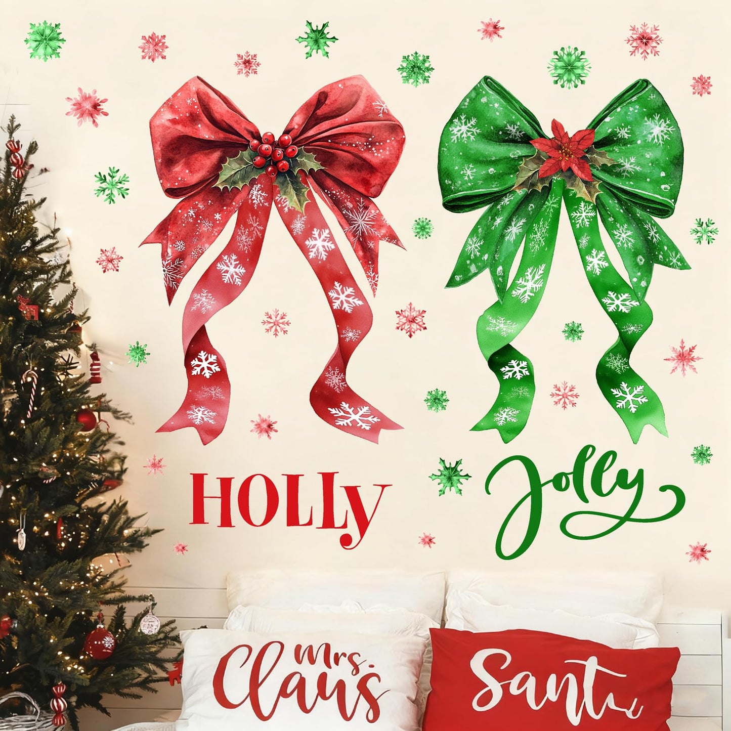 Large Christmas Wall Stickers Green Red Bow Decoration Decals Peel and Stick Xmas Bow Stickers Home Indoor Decor for Living Room O Holy Snowflakes Vinyl Art Murals for New Year Holiday Party Supplies
