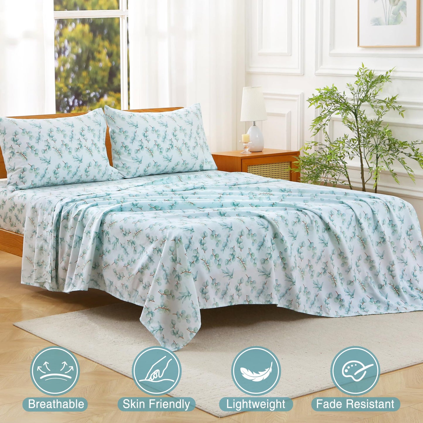 Viviland Queen Bed Sheet Set - 4 Piece Double Brushed Microfiber Bedding - Deep Pocket Up to 15", Ultra Soft, Breathable & Wrinkle Resistant Skin-Friendly Cooling Sheets for Adult - Eucalyptus Dew(Q)