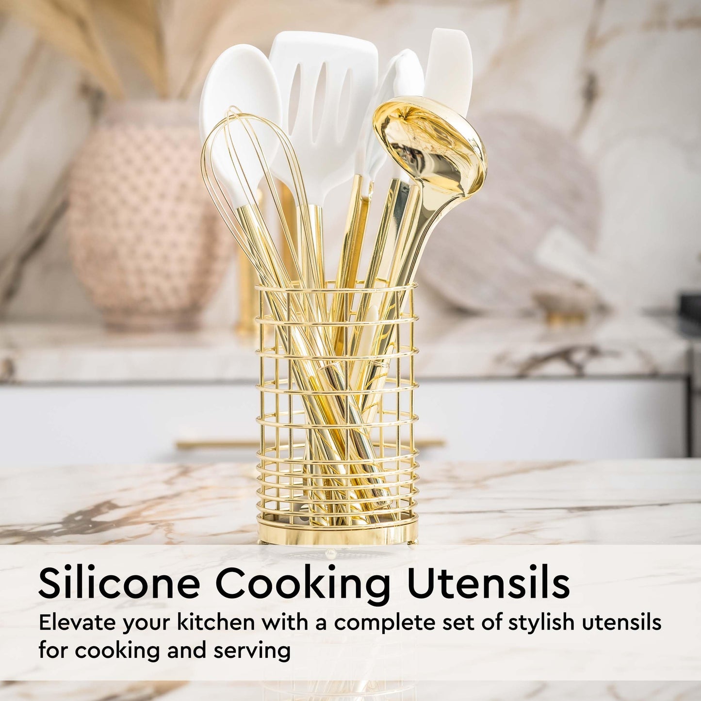 White & Gold Cooking Utensils Set - Luxe 8-Piece Kitchen Gadget Set Includes Can Opener, Tongs and Garlic Press - Stylish White and Gold Kitchen Accessories for Modern Kitchens, Ideal for Gifting