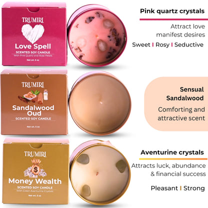 Love Spell, Money Wealth, Sandalwood Oud - Soy Candles Non Toxic - Highly Scented Long Lasting with Essential Oils - Variety Pack of 3 x 5oz - for Home Aromatherapy Meditation Gift Travel