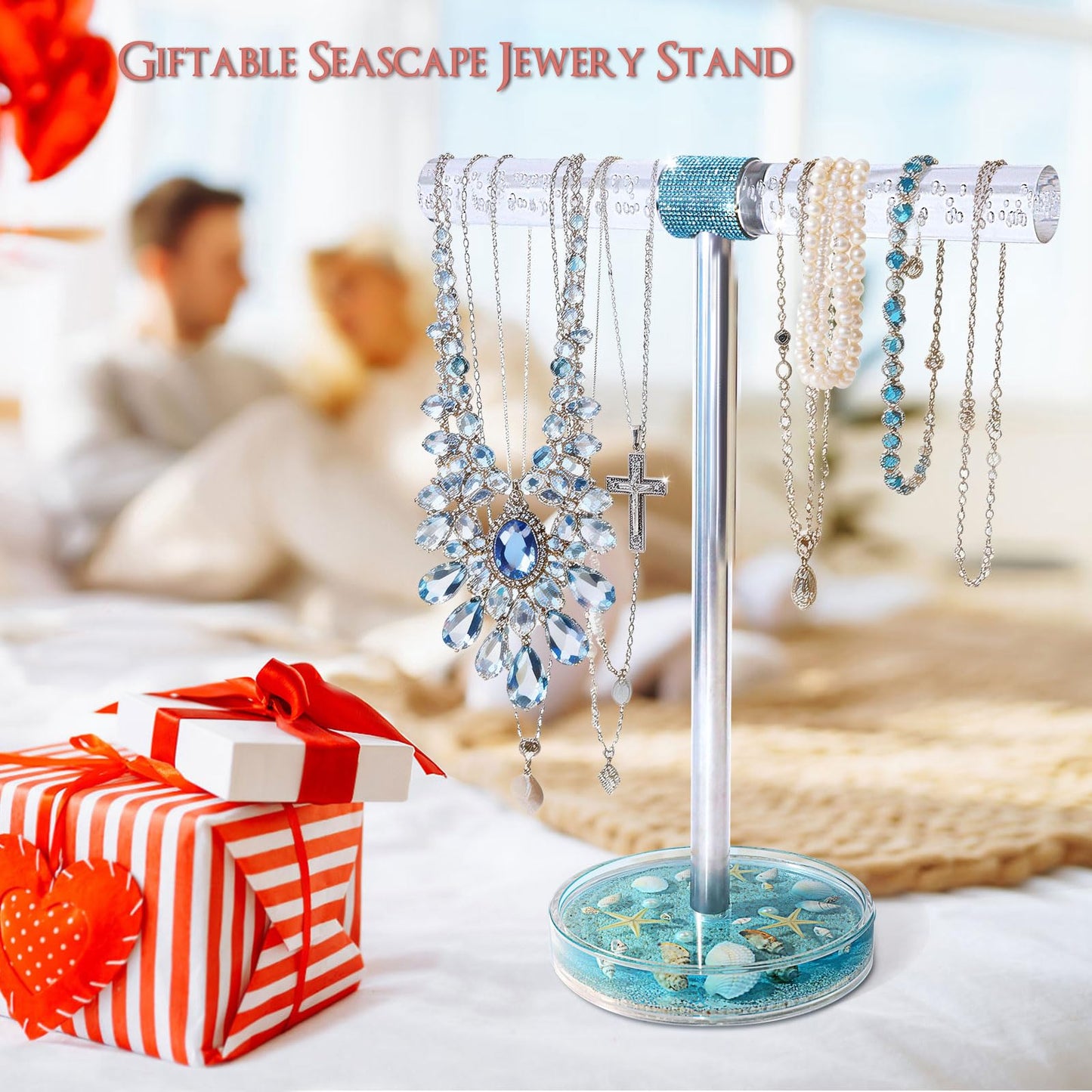 FONMY Jewelry Organizer Countertop Acrylic w/Nature Seashell Handmade,Seascape Standing Jewelry Holder W/Blue crystal for Bedroom Bathroom w/Weighted Base,Unique Gifts