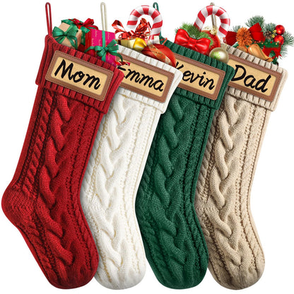 Dalzom® 4Pcs Personalized Christmas Stockings with Leather Patches Custom Name, 18” Premium Large Knitted Christmas Stockings for Kids, Family, Holiday and Fireplace Party Decoration