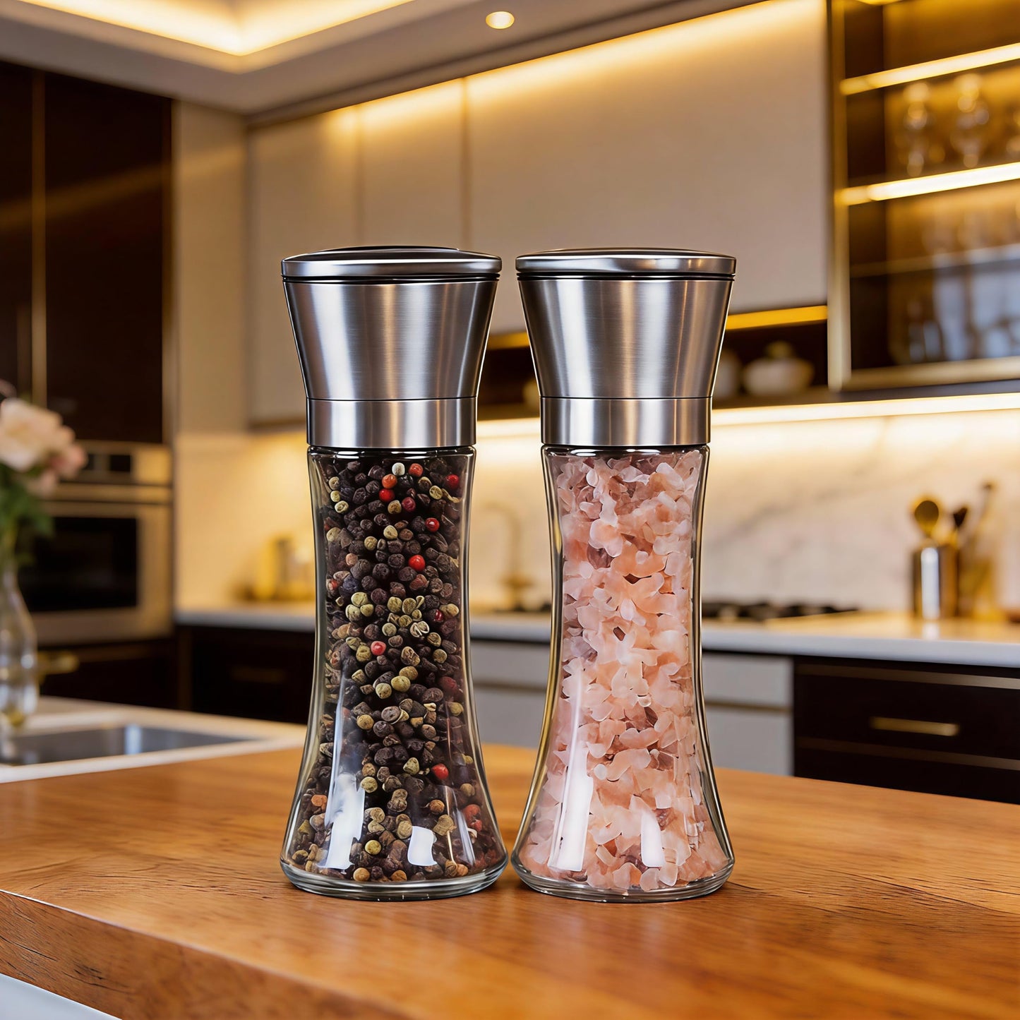 Gorgeous Salt & Pepper Grinder Set — Refillable Stainless Steel & Glass Spice Mill with Adjustable Coarseness - Perfect For Himalayan Or Sea Salts, Fresh Ground Pepper, Or Fresh Spices (2 Pack)