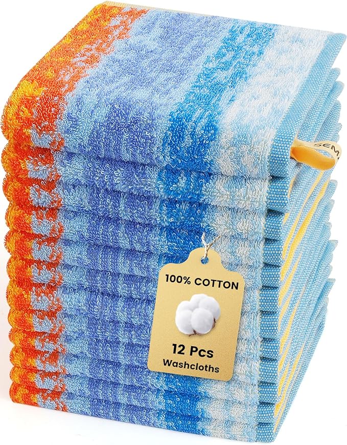 SEMAXE 100% Cotton Washcloths 12-Pack, 13 × 13 Inch Soft Luxury Face Towels –