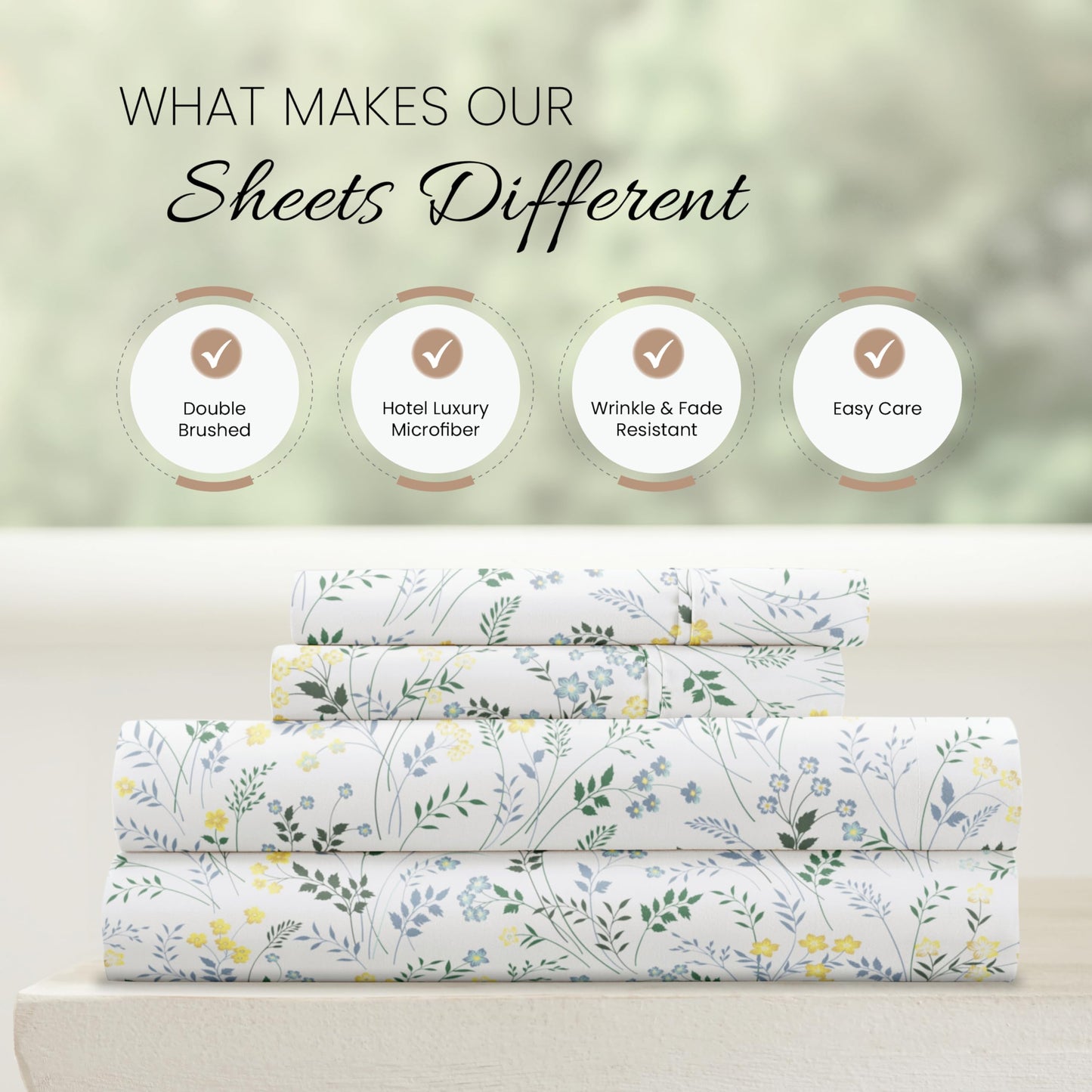 Linen Market Patterned Microfiber King Sheet Set 4 Piece – Oeko-TEX Certified Ultra Soft & Wrinkle-Free - 16" Deep Pocket Sheets - Easy Care King Size - Wildflower Light Blue
