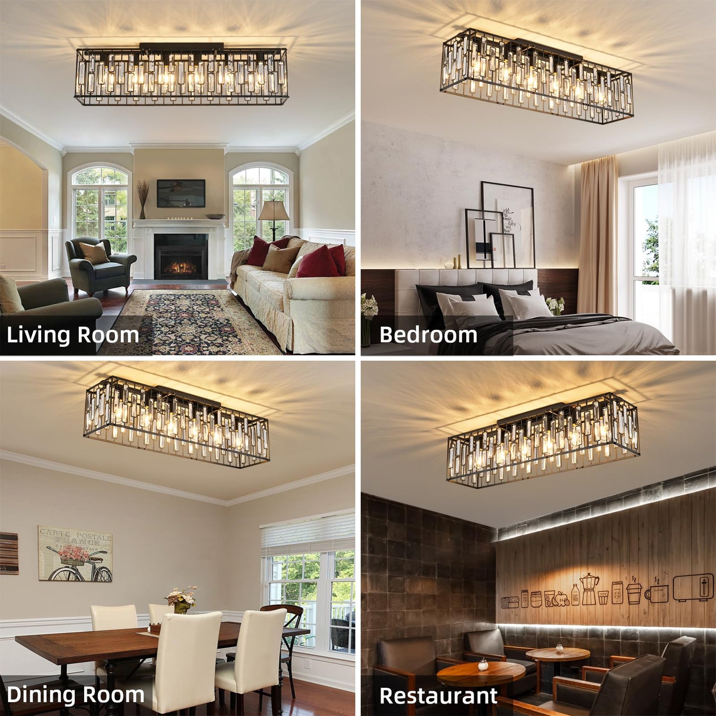 Garwarm 38.7 inch Modern Ceiling Light,6-Light Crystal Chandelier Black Rectangle Chandeliers, Dining Room Light Fixture Flush Mount for Living Room Kitchen Island Bar