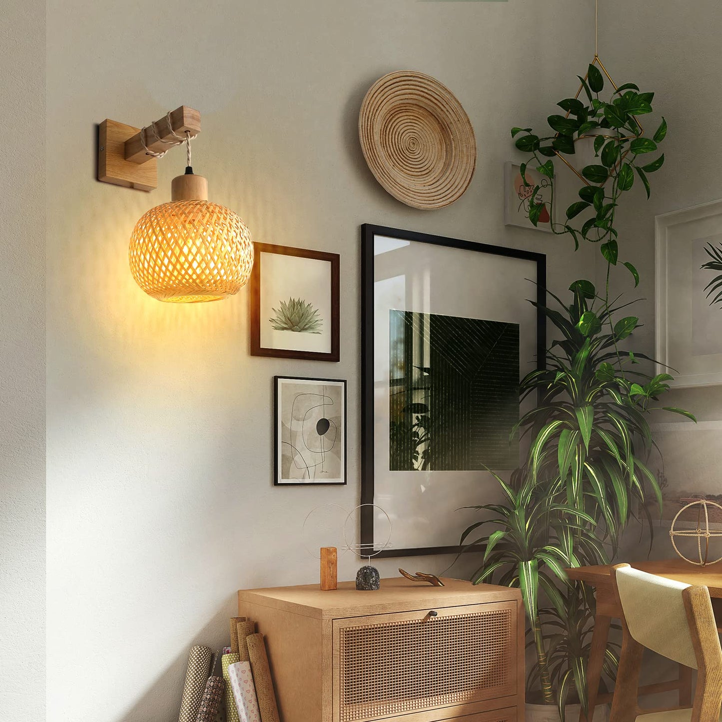 Frideko Bamboo Wall Sconce Lighting - Rattan Wall Lamps for Bedroom, Farmhouse Wall Light with Bamboo Lampshade, Rustic Boho Sconces Light Fixture for Living Room, 1 Pack