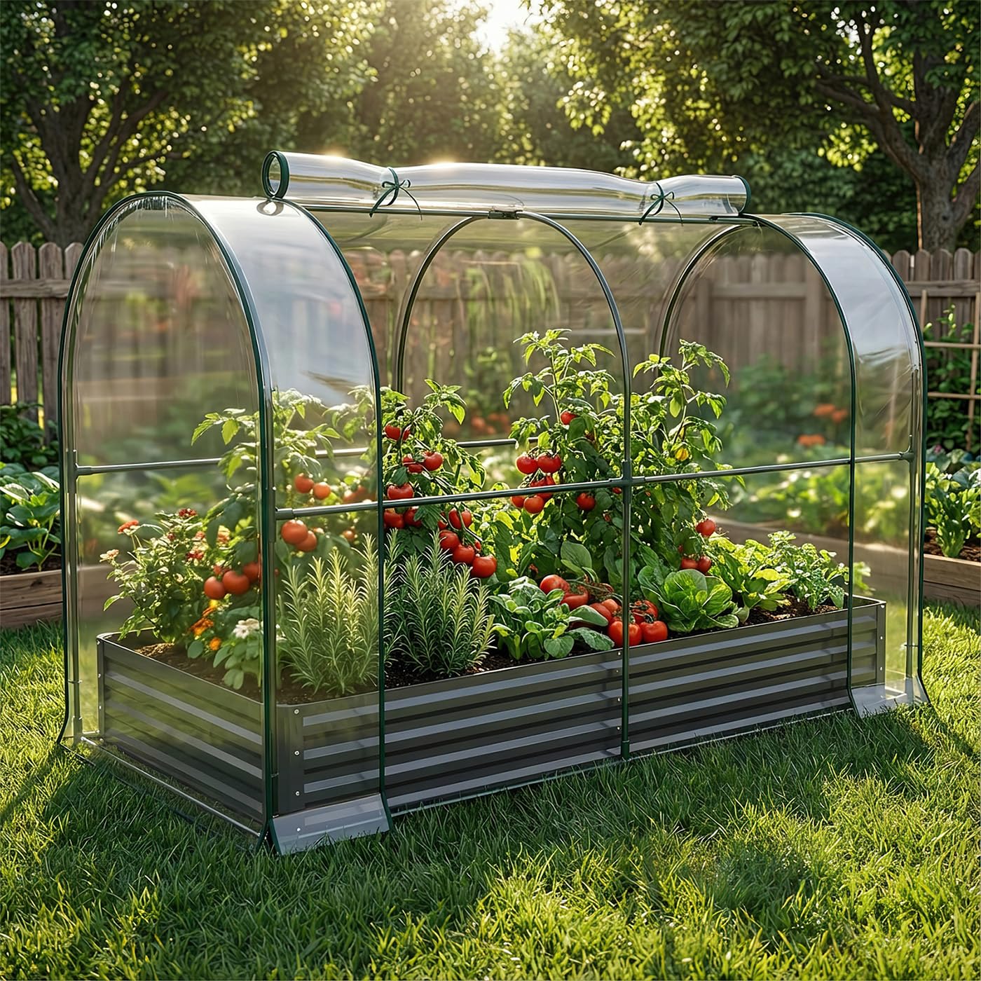SUNYRISY Galvanized Raised Garden Bed with Greenhouse, Outdoor Metal Planter Box with Plant Bed Cover, Garden Box Protection for Gardening Vegetables Flowers Herbs Planting, Black