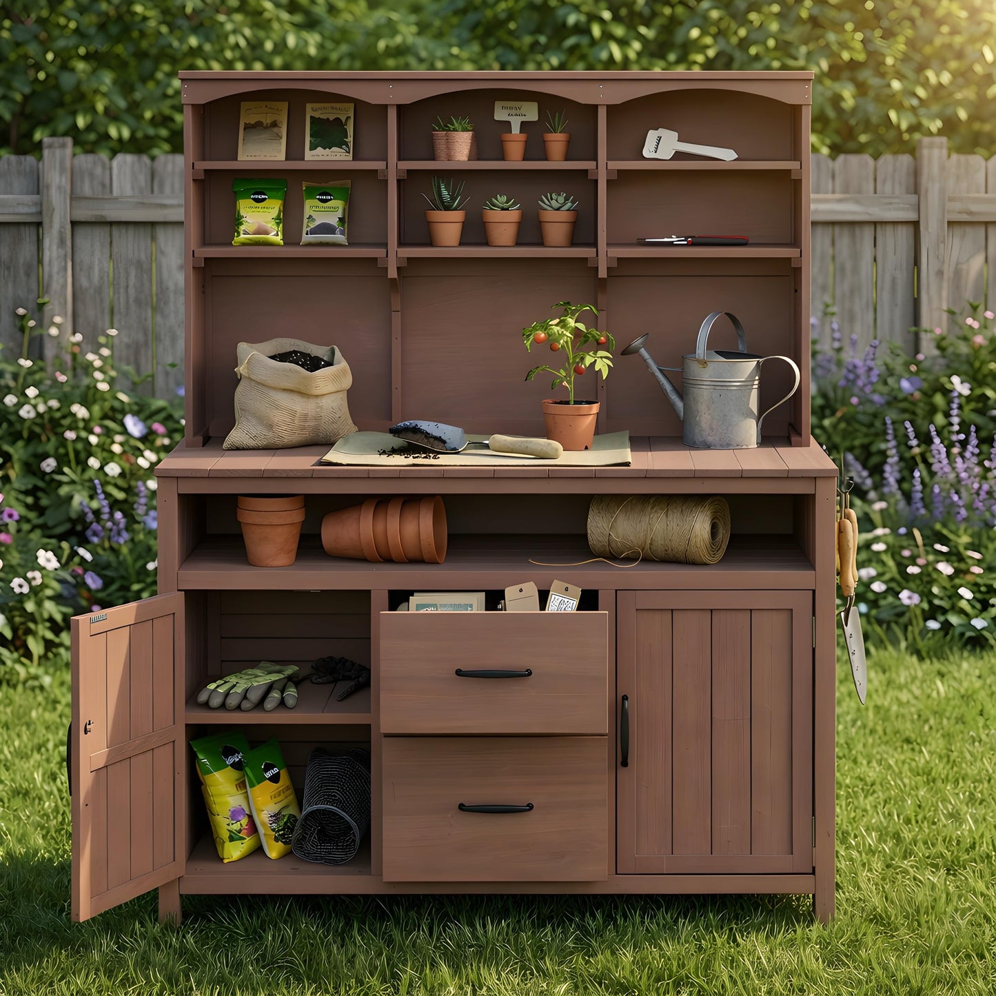 GDFStudio Junley Outdoor Storage Bench Table with Cabinet, Patio Wooden Potting Bench Plant Bench, Large Garden Storage Work Bench with Drawers, Cabinets, Hooks and Countertop, Kitchen Island, Brown
