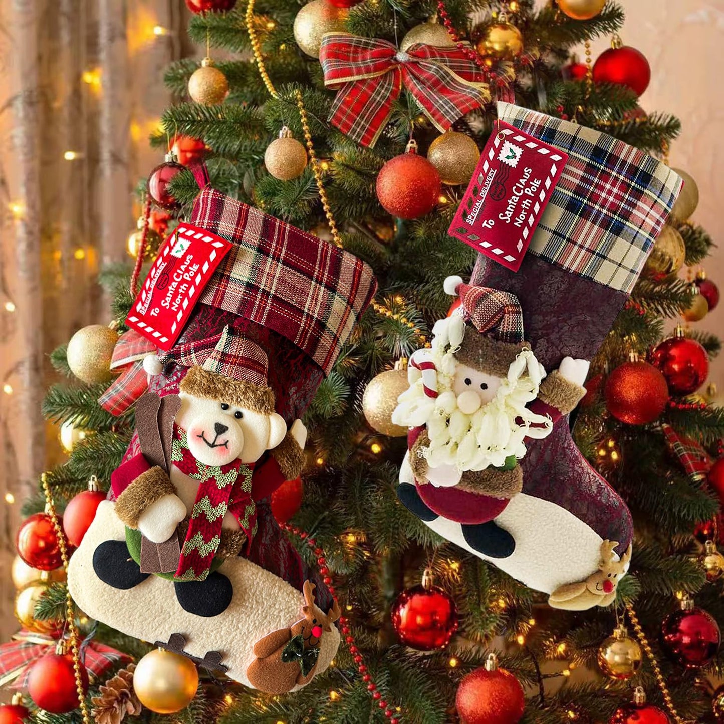 ETERAMUS 21 inch Plaid Christmas Stockings Santa Claus with Deer, Bear, Animal One Piece, Felt Large Plush 3D Reindeer Xmas Stocking for Girls Boys Tree Mantel Party Décor (Red Santa Claus)