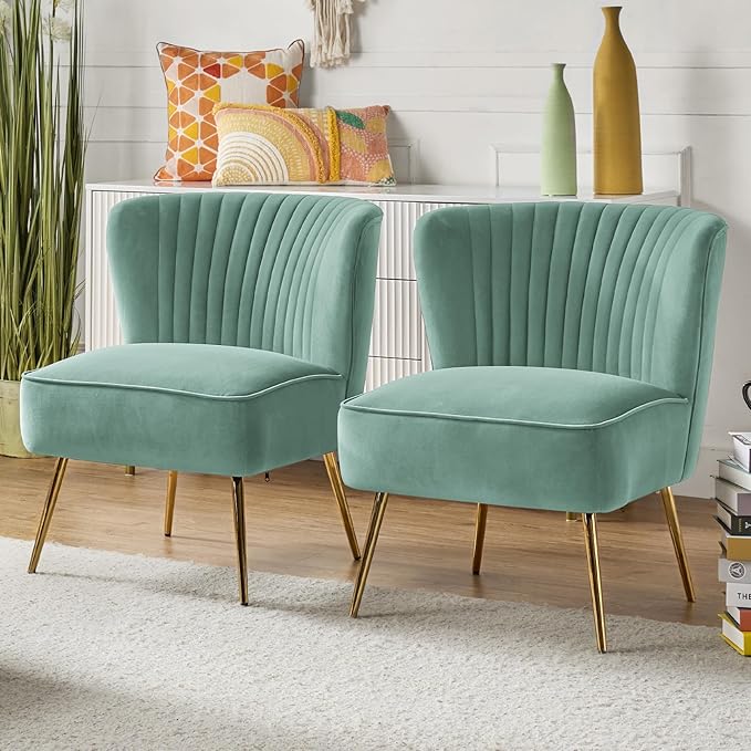 HULALA Home Velvet Accent Chair Set of 2, Modern Armless Upholstered Side Chair