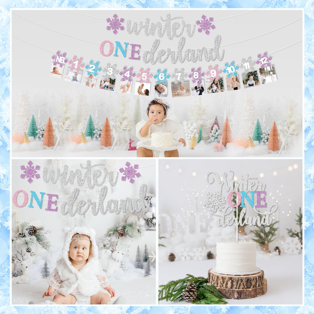 Winter Onederland 1st Birthday Decorations Girl, Winter Onederland Banner, Snowflake Photo Garland Highchair Banner Snowflake Balloon Arch Garland for Winter First Birthday Baby Shower Party Supplies