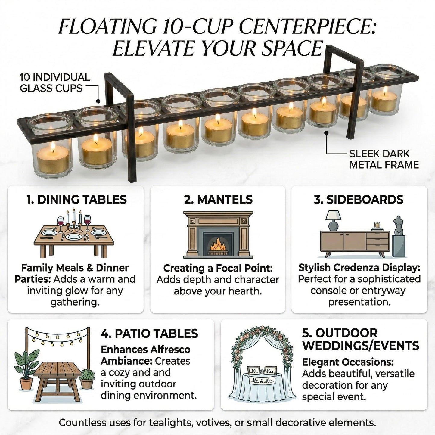 Seraphic Dining Table Centerpiece Decor, Candle Holders for Tables, 10-Cup