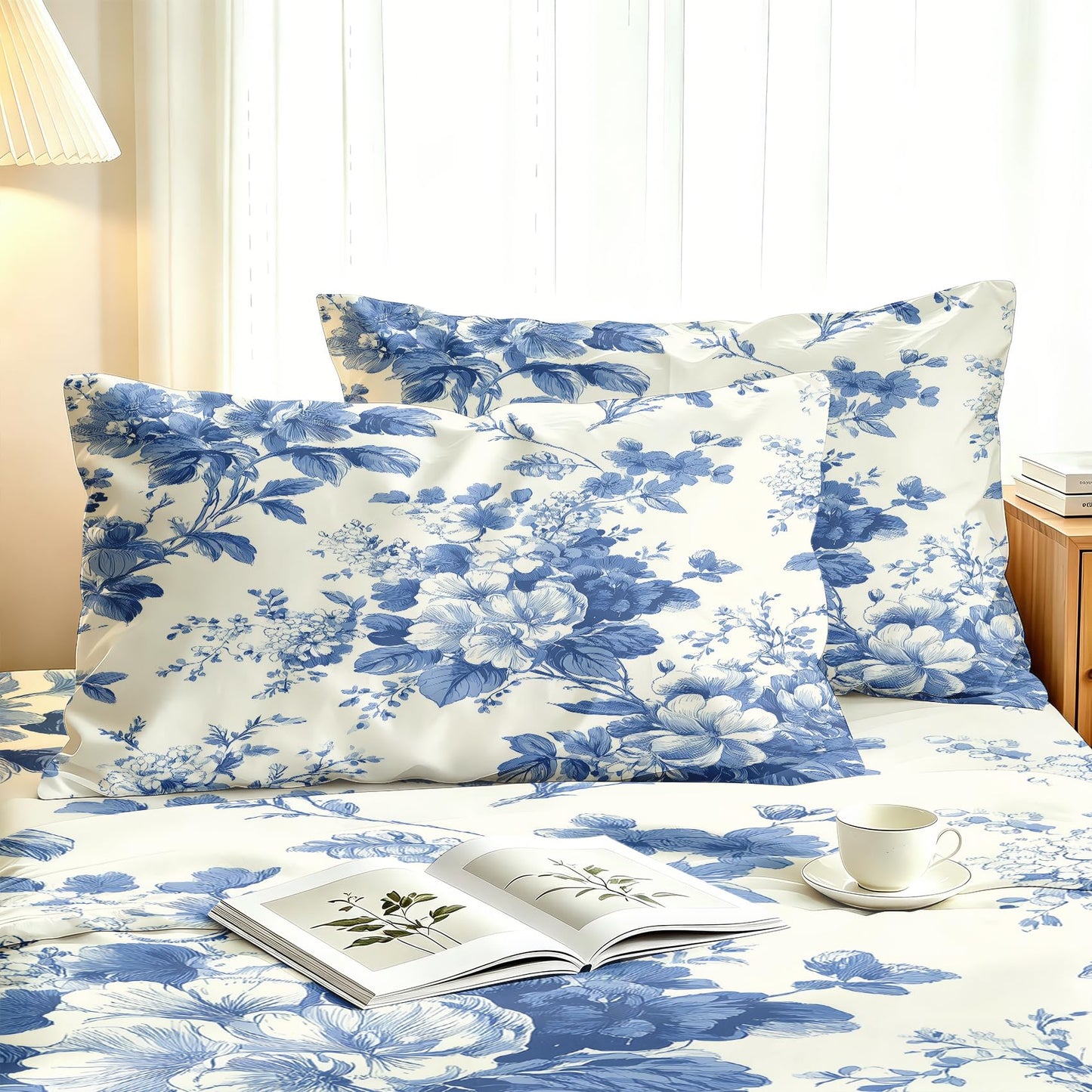 Blue and White Floral Queen Sheet Set 4 Pcs Chinoiserie Bed Sheets