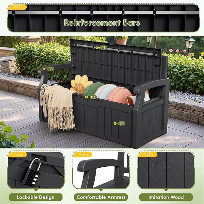 Greesum 80 Gallon Outdoor Storage Bench Deck Box with Cushion & Armrest, Lockable, Waterproof UV Resistant, Comfortable Seating for Patio, Pool, Garden, Black