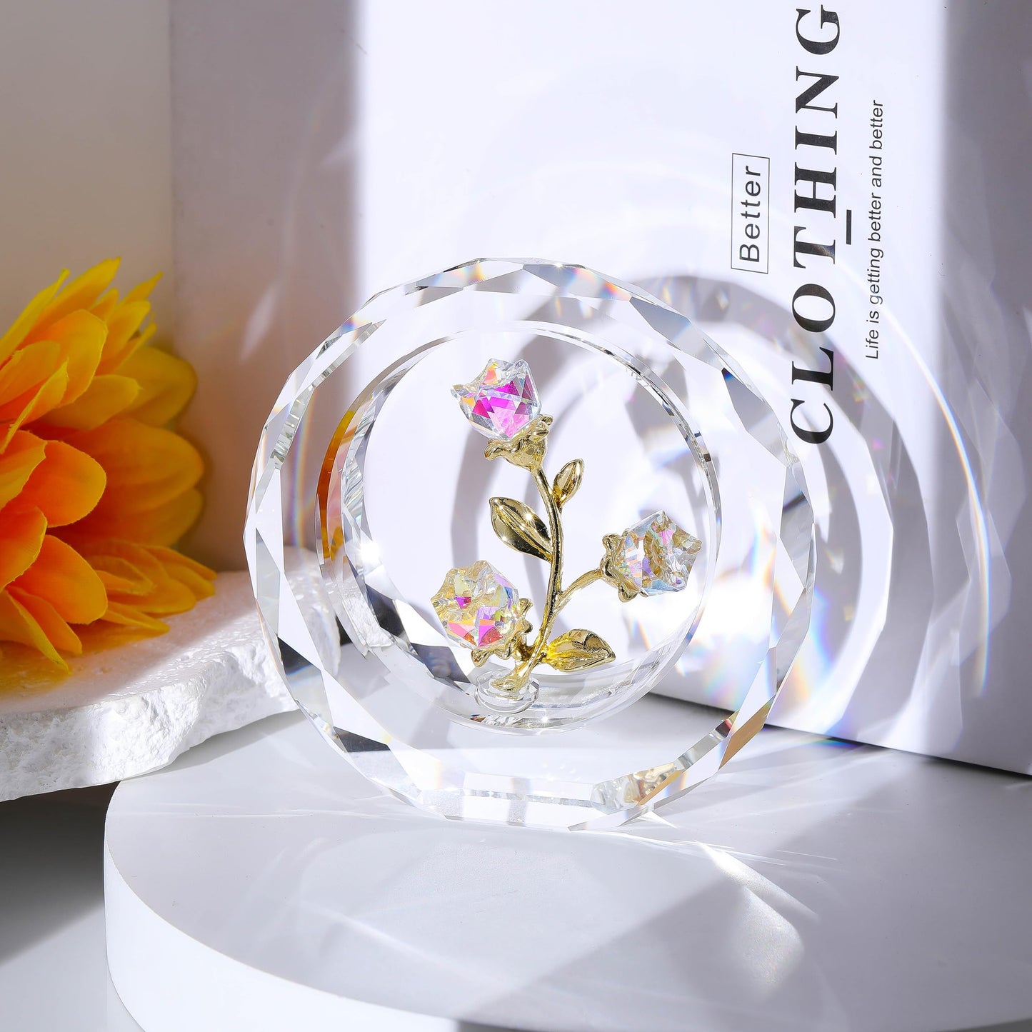 Clear Rose Flower Crystal Figurine with Vase - Bouquet Flowers Ornament Gifts for Wife Girlfriend Women - Handmade Crystal Flower Collectible Home Table Decor for Valentine's Day Wedding Anniversary