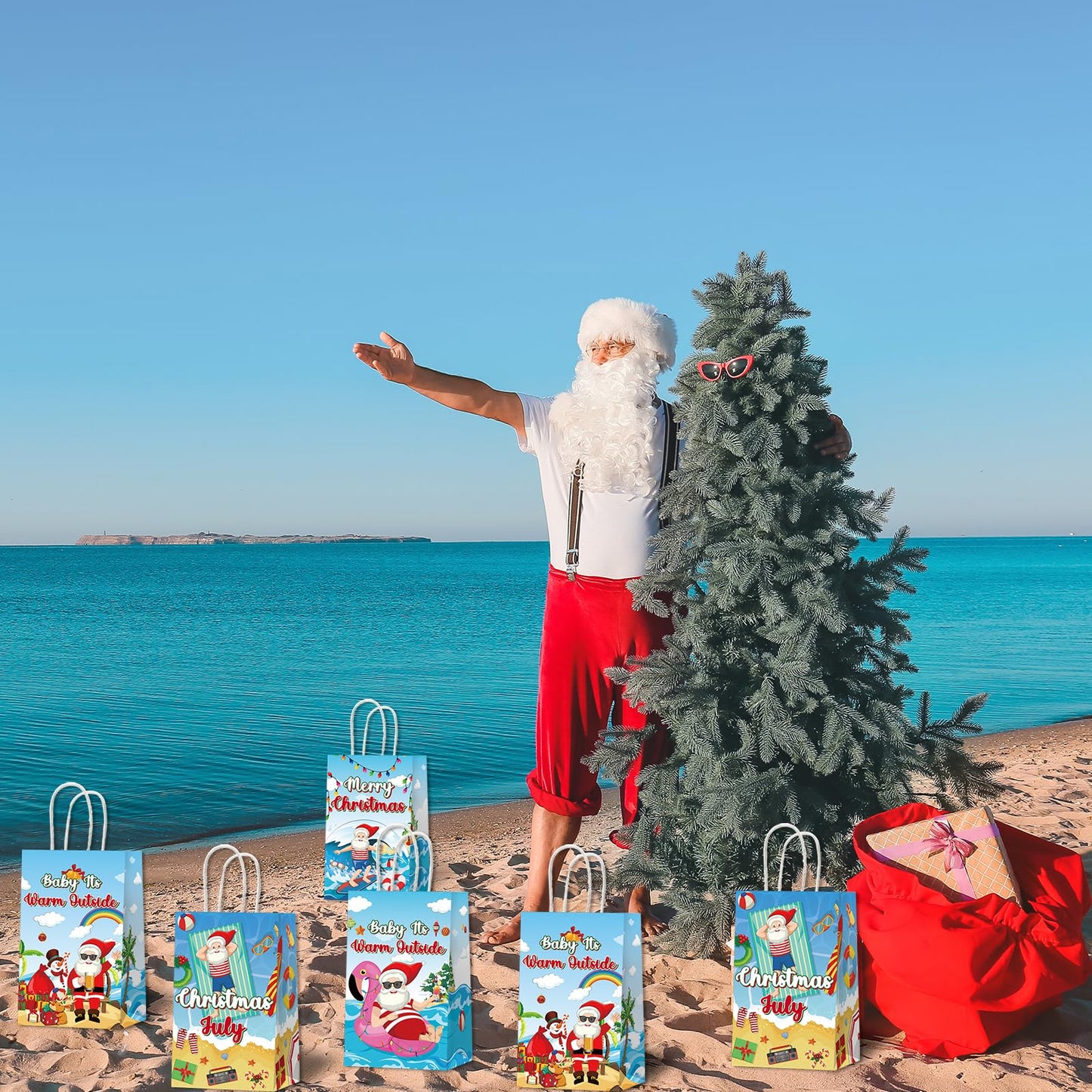 24PCS July Christmas Party Favor Bags Christmas Tropical Party Disposable Treat Bags with Handles Hawaiian Gift Bags for Summer Christmas Theme Hawaiian Beach Birthday Party Decorations Supplies