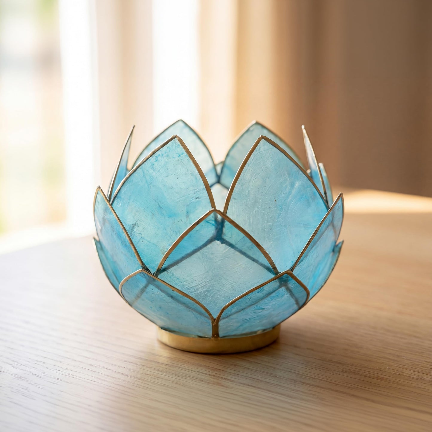 Blooming Lotus Capiz Shell Tealight Candle Holder, Handcrafted Decorative Tea Light Candleholder with Translucent Flower Petals for Ambient Illumination and Natural Elegance, Aquamarine