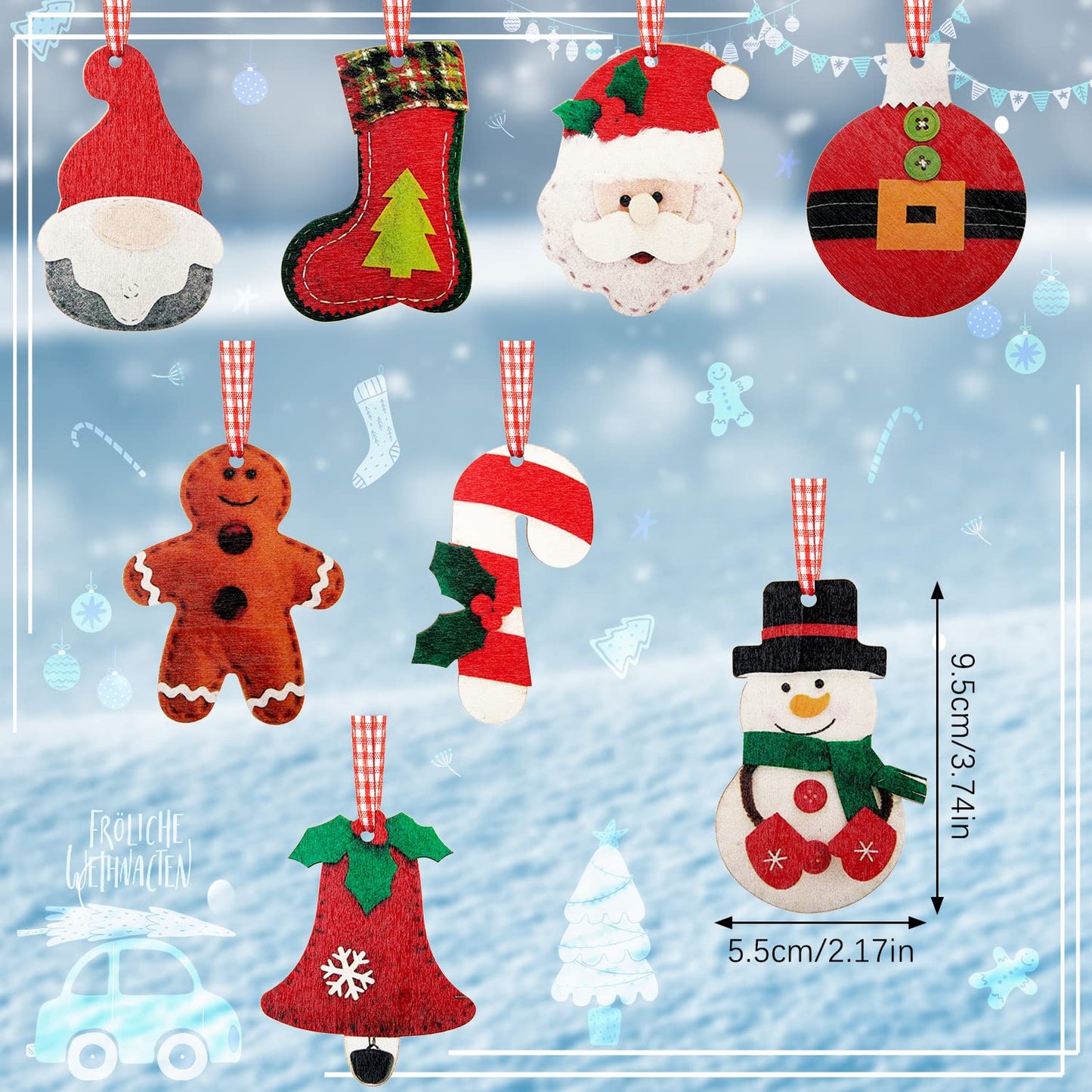 24 Pcs Wooden Christmas Tree Ornaments Hanging Decorations 3D Santa Clause Snowman Reindeer Candy Cane Stocking Wooden Crafts for Xmas Tree Wreaths Home Winter Holiday Party Decor (Wood)