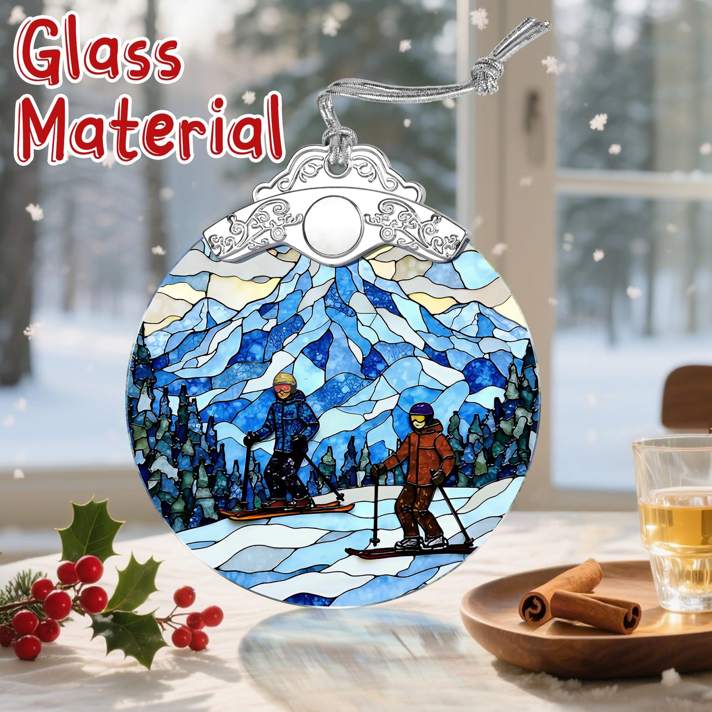 Stained Glass Skiing Christmas Ornament: Christmas Tree Ornaments & Decor, Holiday Decor – Holiday Presents, Gift Ideas & Gifts for Friends, Coworker, and Family