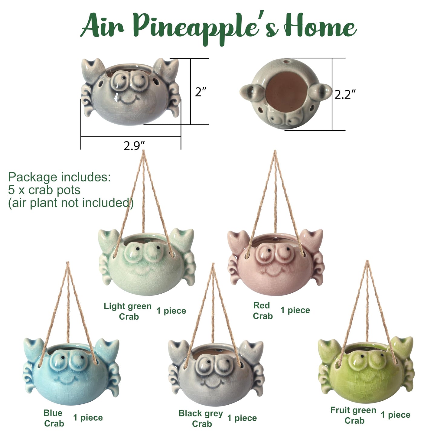 Gniliny Ceramic Crab Air Plant Holder - Cute Succulent Tillandsia Stand, Mini Desktop Airplant Display Decoration for Home Office Windowsill, Small Plant Pot for Indoor Plants