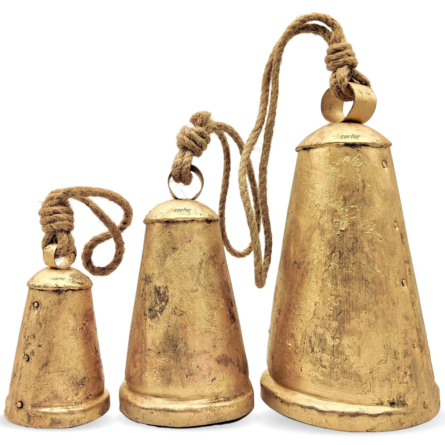 Carfar Shabby Chic Set of 3 Country Rustic Style Cone Bells Handmade Metal Harmony Christmas Hanging Decorative Cow Bells Set (3, Extra Large)