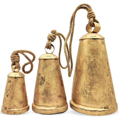 Carfar Shabby Chic Set of 3 Country Rustic Style Cone Bells Handmade Metal Harmony Christmas Hanging Decorative Cow Bells Set (3, Extra Large)
