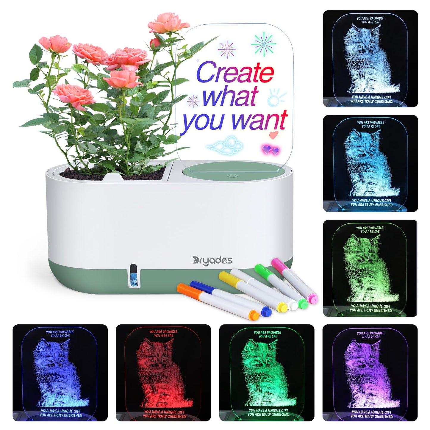 Self-Watering Plant Pot with LED Note Board & 7 Colors Pen Acrylic Message Board with Light Acrylic Dry Erase Board, Led Cat Board Night Light with Planting Pot for Christmas(No Plant&Seed)