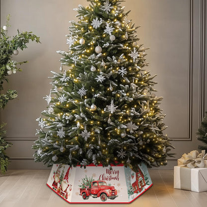 Christmas Tree Collar for Artificial Trees, Red Winter Snowman Truck Santa Claus Rustic Country Christmas Decoration, Fabric Hexagonal Base Tree Collar Skirt for Xmas Tree Decorations Holiday Party