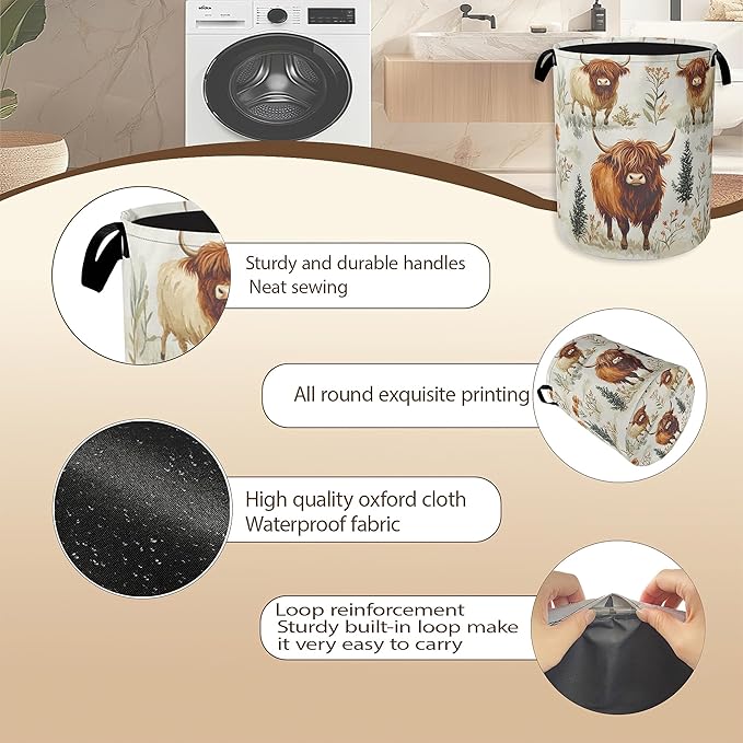 Laundry Hamper, Highland Cow Laundry Basket, Farmhouse Watercolor Flower
