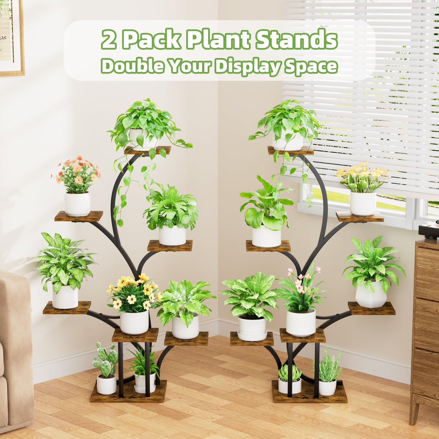 Plant Stand Indoor with Grow Lights - 2 Pack Plant Shelf, 7 Tier Lighted Corner Plant Stands for Indoor Growing, 40" Metal Flower Holder, Tree-Shaped Display Shelves with Adjustable Light, Black