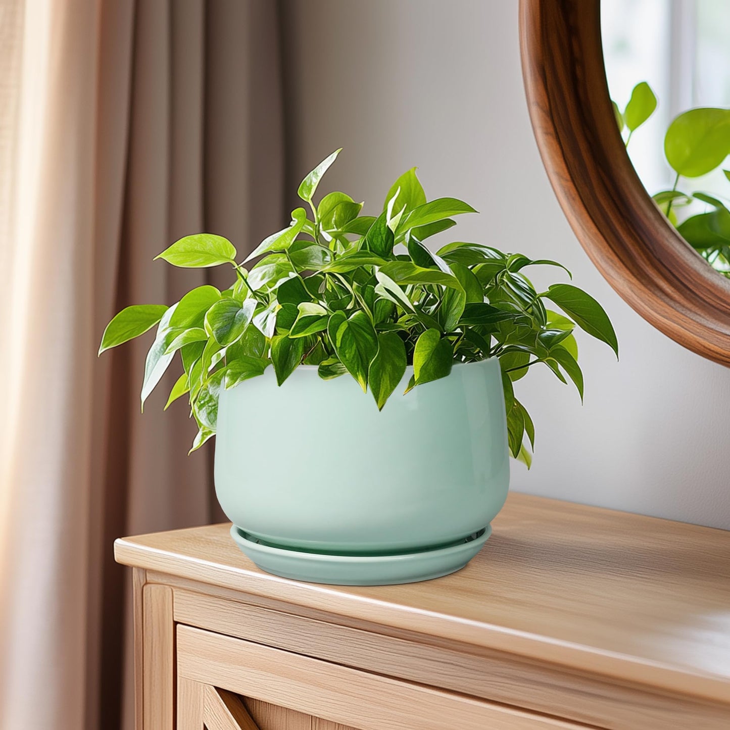 G EPGardening Ceramic Plant Pots - 6 Inch Pot for Plants, Ceramic Planter with Drainage and Saucer, Flower Indoor Outdoor Planter, Modern Bathroom Decor, Birthday Gifts, Green