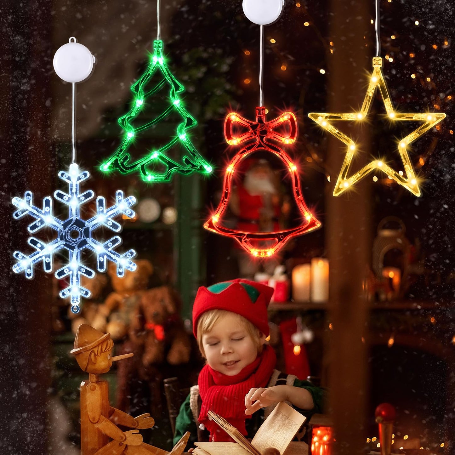 Waipfaru 4 PCS Christmas Window Lights with Timer Function, Christmas Window Decorations Jingle Bell Snowflake Christmas Tree Star Lights with Suction Cup for Decorations Indoor Outdoor